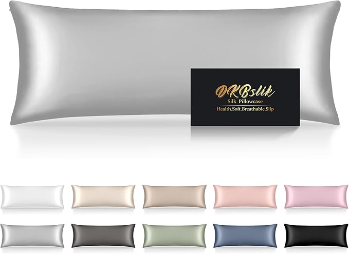 Silk Body Pillow Cases, Mulberry Silk Body Pillow Cover with Zipper, Smooth, Anti Acne, Cooling Sleep Both Sides Natural Silk Satin 20x54 Body Pillowcase, Gifts for Women Men, Grey