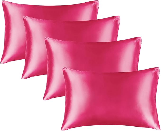 BEDELITE Satin Pillowcase for Hair and Skin, Super Soft Similar to Silk Pillow Cases 4 Pack with Envelope Closure, Cooling Pillowcases for Women Men (20"x36" King Size, Hot Pink)