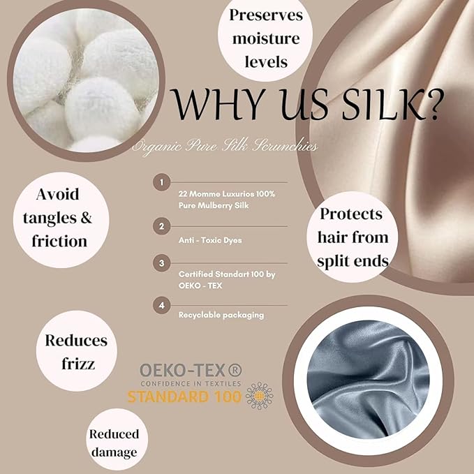 Suncdelv Silk,100% Silk Scrunchies for Hair,22 Momme Hair Ties for Anti-Crease & Breakage,Natural Women Hair Accessories，Fashion Hairbands 3PCS（Grey, gold, khaki））)