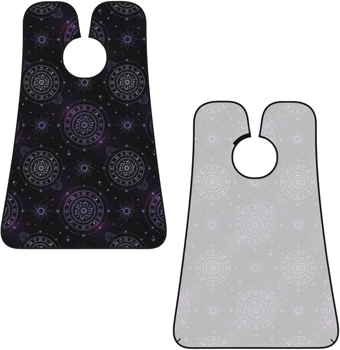 Beard Shaving Cape with Suction Cups, Sacred Geometric Symbol Purple Space Galaxy Stars Mystic Sun Moon Shave Bib, Non-Stick Waterproof Hair Catcher, Grooming Bib for Men Husband