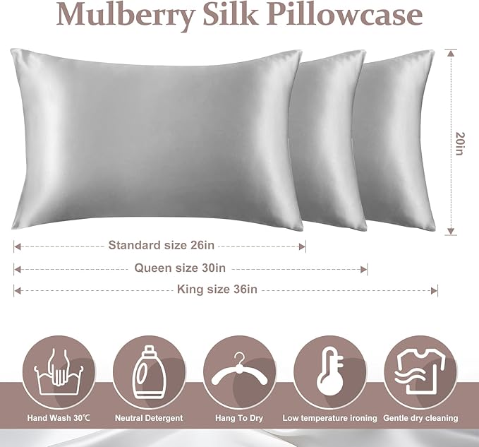 2 Pack 100% Pure Silk Pillowcase for Hair and Skin, Both Sides Mulberry Silk Pillowcases with Hidden Zipper, Cooling Pillowcase 19 Momme, 600 Thread Silk Pillow Cases King Size, Gray