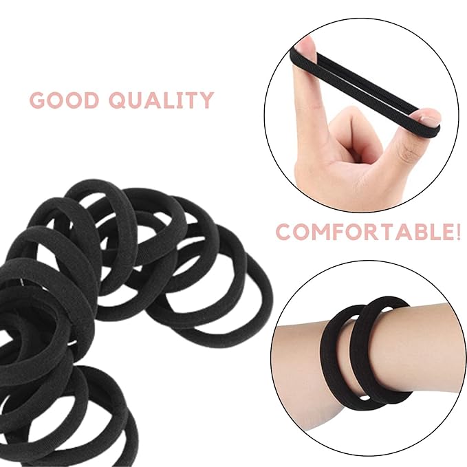 60 Pcs 2 Inch Black No Damage Hair Ties for Women Thick Hair, Large Soft Seamless Nylon Fabric Elastic Hair Ties Ponytail Hair Holders Hair Elastics Hair Band for Women