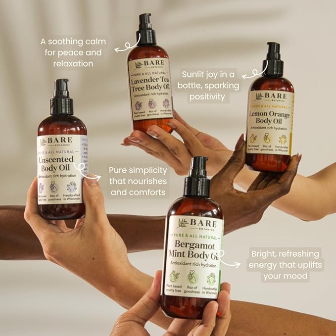 BARE BOTANICS 8 oz Moisturizing Unscented Body Oil - 100% Pure & Natural for Skin & Nails - Perfect for Moisturization - Vegan, Cruelty Free & Naturally Scented Hair Oil