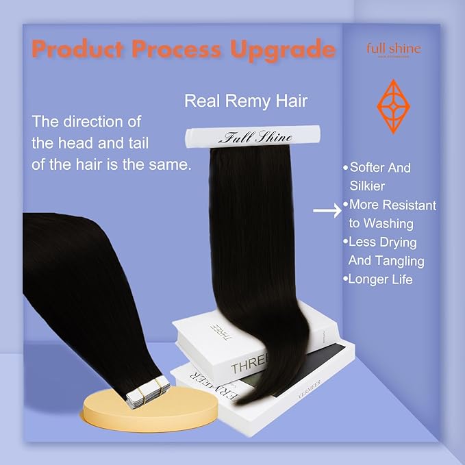 Full Shine Tape ins Human Hair Extensions Color 1 Jet Black Tape in Hair Extensions Invisible Straight Remy Skin Weft 22Inch Soft Silky Extension 100G 40Pcs for Women Natural Look