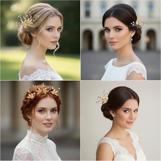 10 Pieces Gold Leaf Bridal Hair Pins, Wedding Headpiece Hair Jewelry with Pearl Rhinestone Wedding Hair Accessories for Bride Bridesmaids Flower Girls(Flowers)