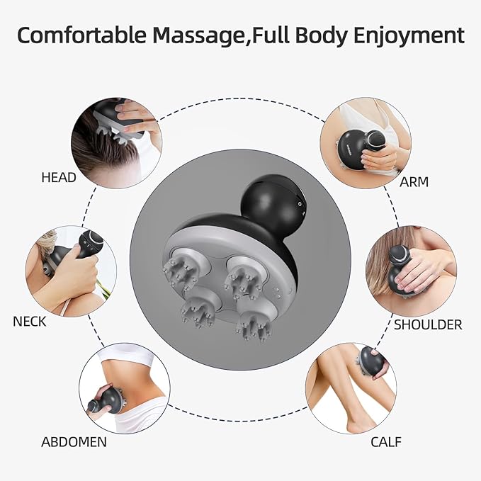cotsoco Electric Scalp Head Massager, Scalp Hair Massage Waterproof Head Massager with 4 Heads 84 Nodes for Hair Growth and Stress Release Massage Black