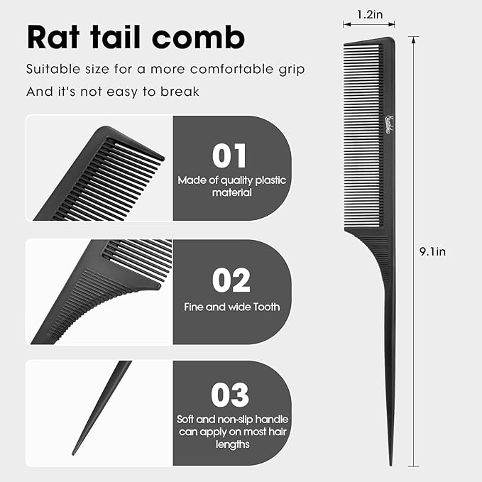 Rat Tail Comb 2Pcs Rat Combs for Women, Fine Tooth Parting Tip Carbon Fiber Root Teasing Anti Static Hair Comb, for Styling (2Pcs Black)