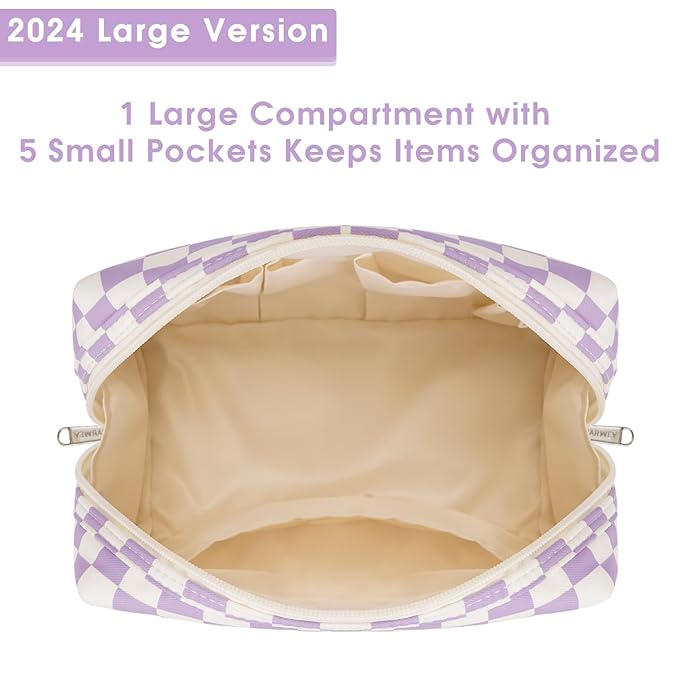 Narwey Checkered Makeup Bag Travel Cosmetic Bag Organizer Toiletry Bag Make Up Bags with Compartments for Women Girls (Large, Purple Checkerboard)