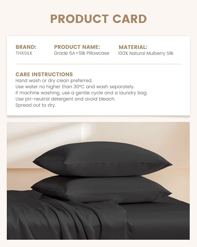 THXSILK 100% Mulberry Silk Pillowcase for Hair and Skin, Both Sides Pure Natural Silk, Ultra-Soft and Breathable Black Zipper Pillowcase, California King Size 20"x40"