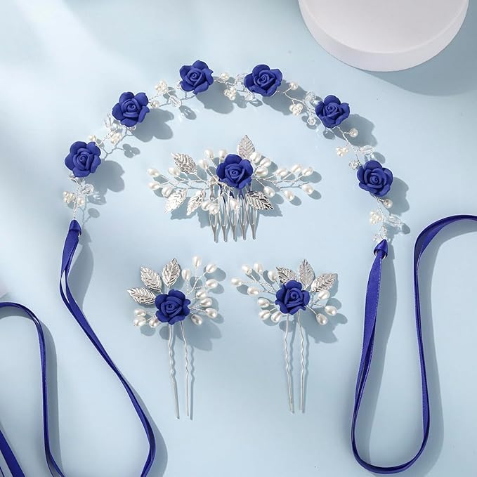 Wedding Hair Accessories Hair pieces Set Crystal bridal hair pins Rhinestone Pearl hair comb Brides and Bridesmaids, Girls, Women(（4PCS/SET BLUE)