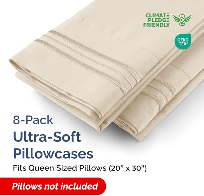 Queen Pillow Cases Set of 8 - Ultra Soft Hotel Quality Pillowcase Covers - Comfy & Wrinkle Free - Shrink, Stain and Fade Resistant - Easy-Care, Machine Washable Pillow Protectors - 8 Pcs Set - Wheat