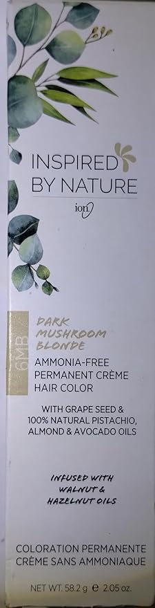 ion Inspired By Nature Permanent Hair Color Dark Mushroom Blonde 6MB, made from 100% naturallyderived polymers, cruelty free, vegan, PPD free, recyclable packaging, 2.05 oz