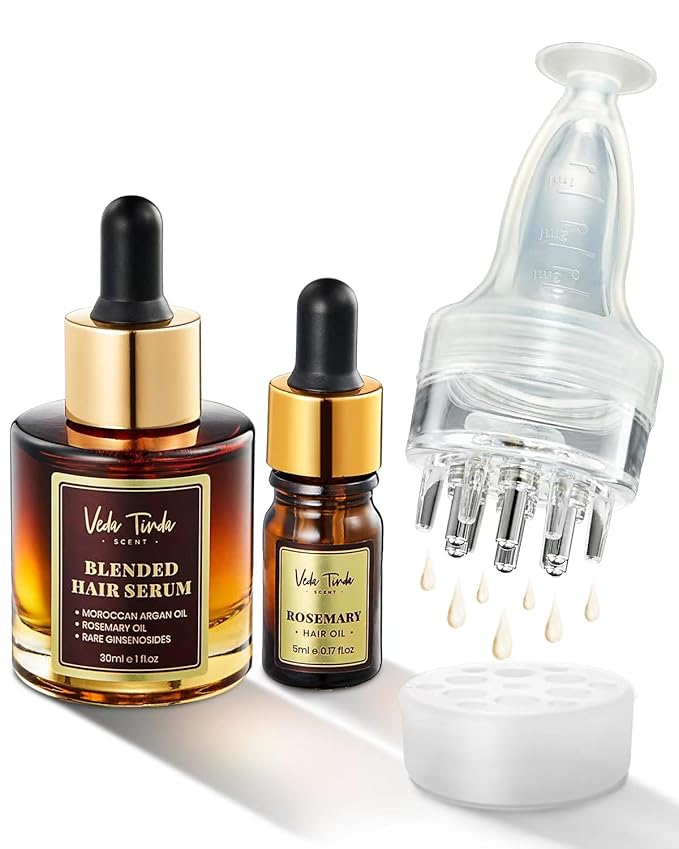 Hair Care Essential Set - Scalp Massager Oil Applicator, Natural Rosemary Oil Moroccan Argan Blend Serum for Hair Growth, Nourishing Scalp, Christmas Birthday Gifts for Women Men Mom Dad