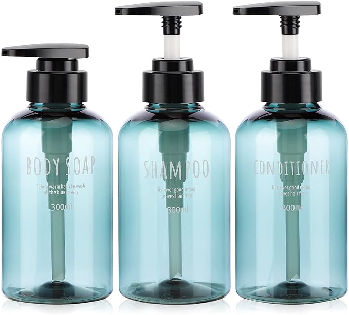Segbeauty Shampoo and Conditioner Dispensers, 10oz Refillable Pump Bottles for Shower 300ml Body Wash Shampoo Dispenser 3 Packs Empty Plastic Press Bathroom Liquid Body Soap Gel Lotion Dispenser Blue