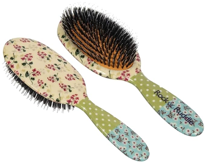 Rock & Ruddle Natural Mixed Boar Bristle Hair Brush for Women and Kids (Large, 21 cm) - Perfect for Wet or Dry Hair, Detangling Smoothing Blowdrying - Designed & Made in UK - Pink Blossom Design