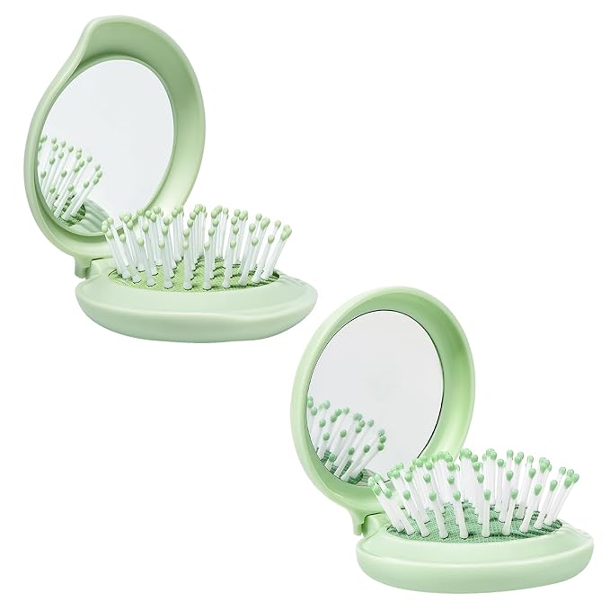 Travel Hair Brush and Mirror Como, Compact Mirror with Mini Hair Brush Set, Folding Hairbrush for Women, Small Hair Comb with Mirror for Purse, Round Green 1 Pack and Peach Green 1 Pack