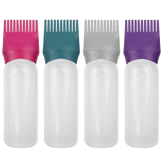 4 Pack Root Comb Applicator Bottle, Hair Oil Applicator, Oil Comb Applicator Bottle for Hair Dye Shampoos Hair Salons (Purple+Red+Grey+Green)