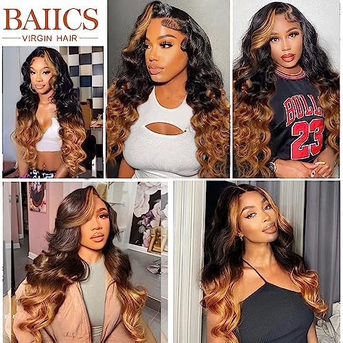 13x6 Lace Front Wigs Human Hair Pre Plucked Body Wave 13x6 1B/30 Ombre Transparent Lace Frontal Wigs With Baby Hairs Glueless Wigs Brown Highlight Balayage Wigs Human Hair Wigs For Women 24 Inch