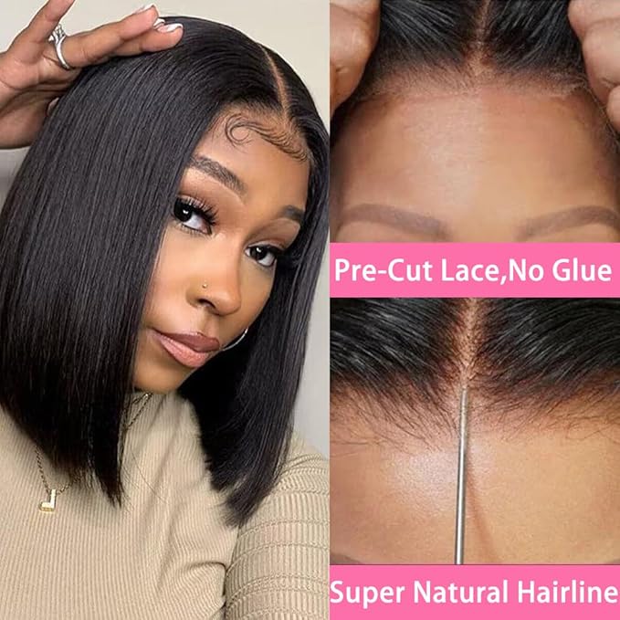 Wear and Go Glueless Bob Wigs Human Hair Pre Plucked Natural Hairline Straight Short Bob Wig 180 Density 4x4 HD Lace Closure Wig Human Hair for Women Brazilian Virgin Hair Natural Black 12 Inch