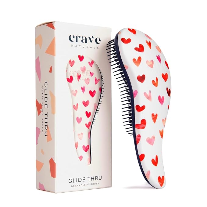 Crave Naturals Glide Thru Hair Brush - Detangler Brush for Curly, Straight, Wet or Dry Hair - Gentle Detangling Brusheses for Adults, Kids, Toddlers - Hair Accessories for Women, 7.5"x3" - Pink Hearts