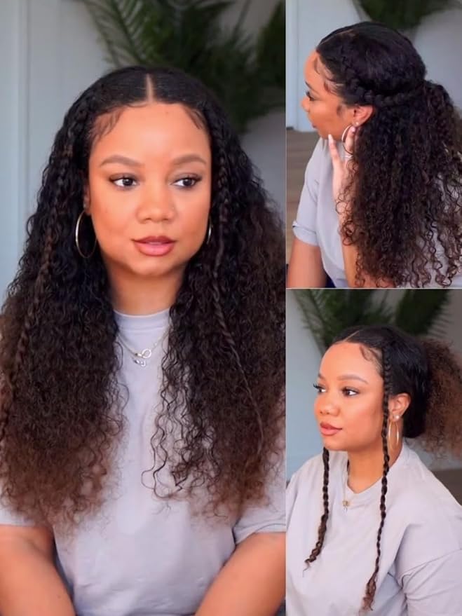 YIROO EasiContour V Part Ombre Brown Human Hair Wig Curly 12A Glueless Upgrade U Part Wig Ombre Black to Chestnut Brown No Leave Out V Shape Clip Wigs Ready to Go 150% Density Beginner Friendly 24Inch