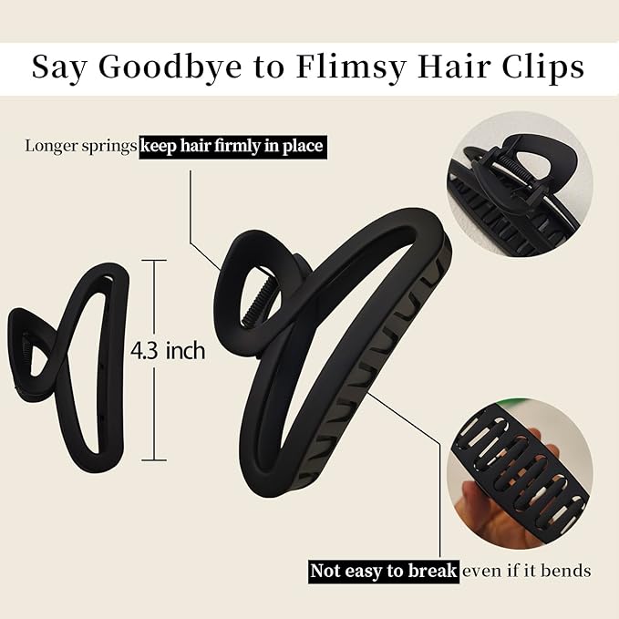 Big Hair Claw Clips, 4.3 Inch Large Non-Slip Unbreakable Hair Clip Claw for Women Thick Curly Long Hair, 2 Pack