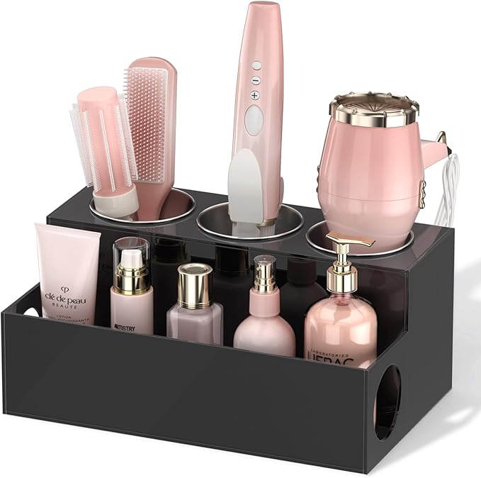 NIUBEE Hair Tool Organizer, Black Acrylic Hair Dryer and Styling Holder, Bathroom Countertop Blow Dryer Holder, Vanity Caddy Storage Stand for Accessories, Makeup, Toiletries
