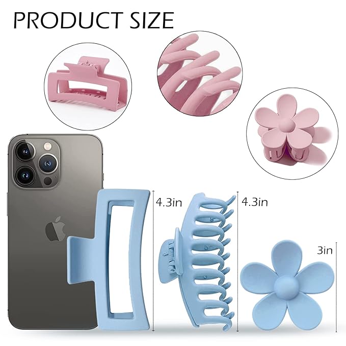 Large Hair Claw Clips 12 Pack, Flower Hair Clips for Thin Hair, Big Square Matte Strong hold for Thick Hair, 3 Styles Hair Clips for Women Thick Hair 4 Colors