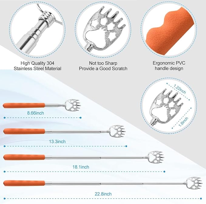 4 Pack Different Style Back Scratcher Metal Portable Telescoping Back scratchers, Extendable Back Massager Tool with Beautiful Box, Stocking Stuffers Gift for Men Women（Orange）