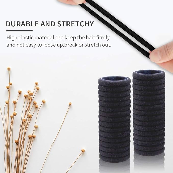 100PCS Black Hair Ties for Women Girls, Seamless Thick Black Hair Band, Elastic Hair Ties No Damage Ponytail Holder Christmas Gift