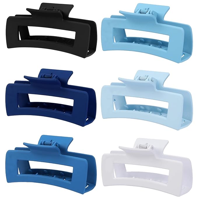 4 Inch Big Hair Claw Clips 6 Pcs Large Claw for Thick Hair Square Hair Clips for Women Rectangle Hair Clips Nonslip Acrylic Banana Jaw Clips Hair Accessories for Girls (Blue)