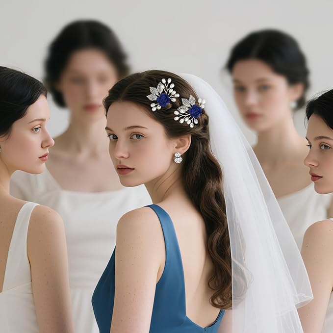 Wedding Hair Accessories Hair pieces Set Crystal bridal hair pins Rhinestone Pearl hair comb Brides and Bridesmaids, Girls, Women(（4PCS/SET BLUE)