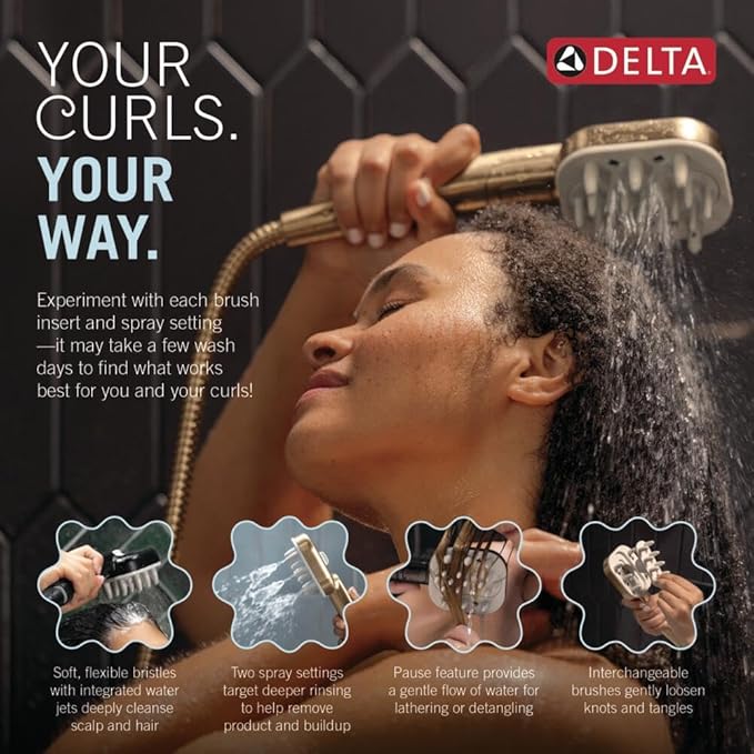 Delta VersaCurl Detangling Handheld Shower Head Tool for Curly Hair with 3 Curl Defining Brush Inserts Included, Detangler Brush Hand Shower with Hose, Chrome 74B430