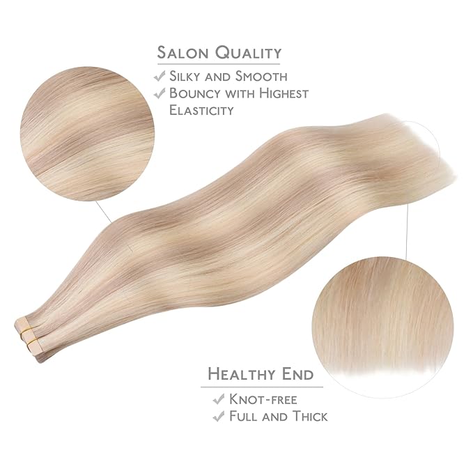 WENNALIFE Tape in Hair Extensions Human Hair, 20pcs 50g 20 inch Balayage Light Wheat Platinum Blonde Remy Hair Extensions for Women Tape Ins Straight Extensiones De Cabello Humano Skin Weft