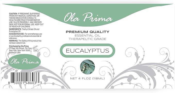 Ola Prima Eucalyptus Essential Oil Therapeutic Grade for Aromatherapy, Diffuser, Hydrates Skin, Soothes Dry, Dropper – 4 fl oz