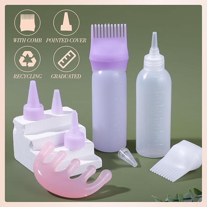 Pimoys Hair Oil Applicator Bottle for Scalp, Root Comb Applicator Bottles Hair Dye Squeeze Bottle Coloring Tools，2 Pack (Purple, White) with 4 Pointed Mouth Cover and Massage Comb