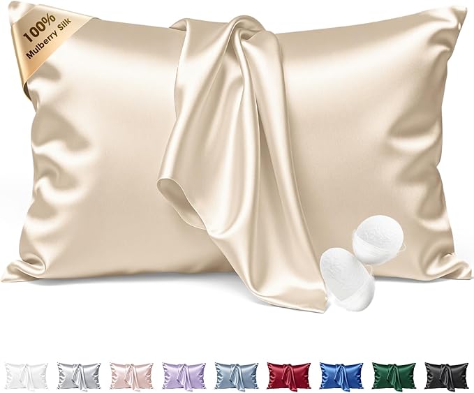 Silk Pillow Cases Standard Size 100% Mulberry Silk Pillowcase for Hair & Skin 22 Momme Both Sided Grade 6A Silk Cooling Soft Breathable 20 x 26 Inches with Hidden Zipper 1PC, Beige