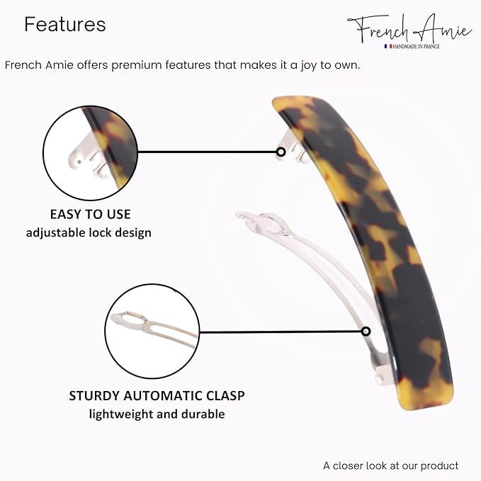 French Amie Oblong Handmade 3.5" Celluloid No Slip Hair Clip Barrette for Women, Made in France (Tokyo Shell)