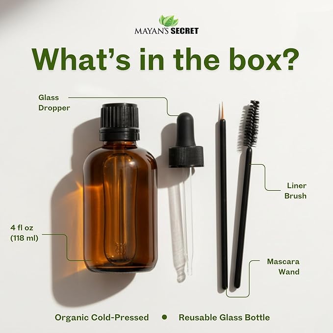 Mayan's Secret - Pure Cold-Pressed Castor Oil Organic Hexane-Free Unrefined 4 fl oz Glass Bottle – Natural Castor Oil for Hair Growth, Eyelashes, Eyebrows, Skin, Face & Body – USDA Certified