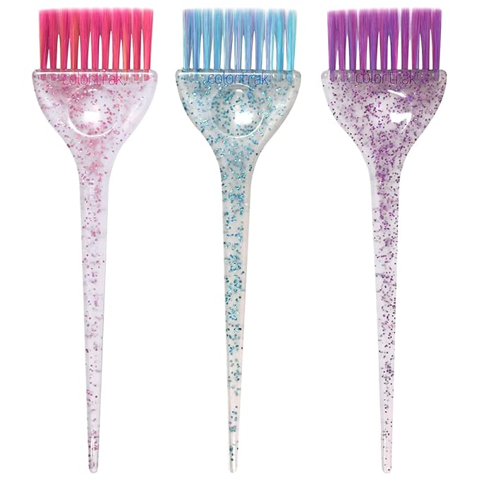 Colortrak 3 Pack Hair Color Brush Set with Glitter Handles for Highlighting, Tint and Coloring Hair Sections - Soft Feathered Bristles Application 3.5 x 11 inch