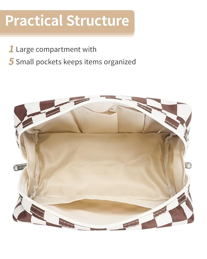 Narwey Checkered Makeup Bag Travel Cosmetic Bag Organizer Toiletry Bag Make Up Bags with Compartments for Women Girls (Large, Dark Checkerboard)