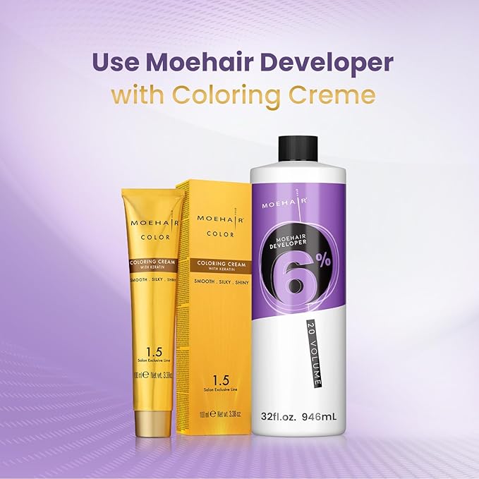 MOEHAIR Hair Color Developer 6% Hydrogen Peroxide | 20 Volume Cream Developer for Hair Coloring and Bleaching | Suitable for Covering Grays | Salon-Grade | Paraben-Free - 32 Fl. Oz (Pack of 2)