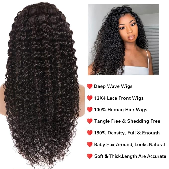 30 Inch Deep Wave Lace Front Wig Human Hair 13x4 Curly Wigs for Black Women Pre Plucked with Natural Baby Hair 180 Density Brazilian Virgin Lace Frontal Wet Wig Human Hair Natural Color