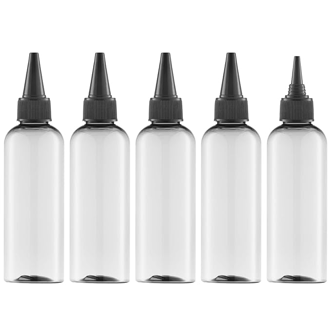 Tekson Hair Color Applicator Bottles, 5 Pack Refillable Squeeze Bottle, Empty Plastic Twist Top Cap Bottles (3.4 OZ, Clear)