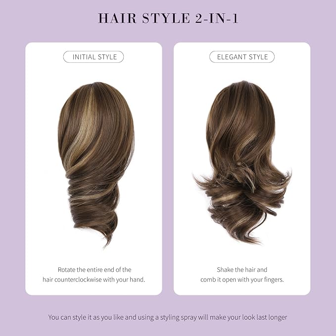 12 Inch Ponytail Extension - Clip in Ponytail Hair Extensions, Curly Wavy Pony Tails Hair Extensions, Synthetic Claw Clip Ponytail Extension for Women (Color: Light Brown With Blonde Highlights)