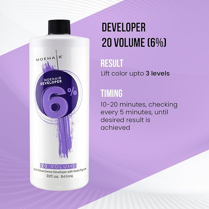 MOEHAIR Hair Color Developer 6% Hydrogen Peroxide | 20 Volume Cream Developer for Hair Coloring and Bleaching | Advanced Anti-Yellow Action | Salon-Grade | Paraben-Free – 32 Fl. Oz (Pack of 2)