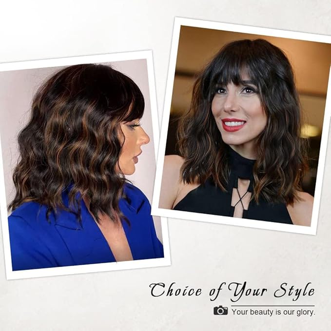 AISI HAIR Wavy Bob Wigs with Bangs for Women Black Mixed Brown Color Short Wavy Bob Curly Wig Synthetic Natural Looking Heat Resistant Fiber Hair for Women