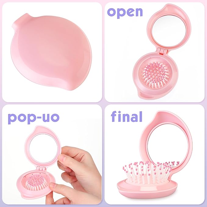 Boao 2 Pack Foldable Travel Mirror Hair Brushes Round Portable Folding Pocket Hair Brush Mini Comb Compact Travel Size Massage Comb for Men Women (Pink,Mango)
