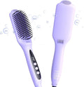 LANDOT Hair Straightener Brush for Damaged Hair - Keratin & Argan Oil Coated Bristles, Ionic Ceramic Straightening Brush to Reduce Frizz & Nourish Hair, Dual Voltage, 12 Temp 250-450F, Purple