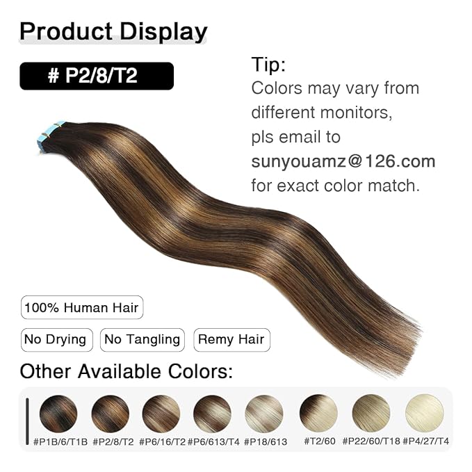SUYYA Tape in Hair Extensions Human Hair Balayage Darkest Brown to Light Brown 20 Inch 50g/pack 20pcs Straight Seamless Skin Weft Tape in Real Human Hair Extensions(20inch #P2/8/T2)